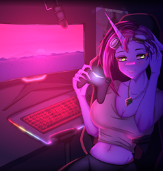 Size: 4000x4200 | Tagged: safe, artist:ruvik669, imported from derpibooru, oc, oc only, oc:twilight garrison, anthro, belly button, big breasts, breasts, chair, cleavage, computer, controller, destiny (game), destiny (video game), gamer, gaming chair, goggles, jewelry, keyboard, midriff, monitor, necklace, office chair, pc, playstation, rgb, solo