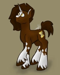 Size: 1080x1350 | Tagged: safe, artist:random_glitter_productions, imported from derpibooru, doctor whooves, time turner, pony, unicorn, alternate design, brown background, horn, looking up, male, raised hoof, signature, simple background, smiling, solo, stallion, unshorn fetlocks