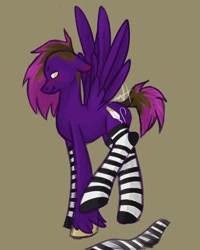 Size: 1080x1350 | Tagged: safe, artist:random_glitter_productions, imported from derpibooru, oc, oc only, pegasus, pony, blushing, brown background, clothes, embarrassed, pegasus oc, signature, simple background, socks, solo, striped socks, unshorn fetlocks, wings