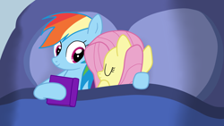 Size: 1920x1080 | Tagged: safe, artist:kazamacat, imported from derpibooru, fluttershy, rainbow dash, pegasus, pony, fanfic:the master mev, bed, book, cuddling, fanfic art, female, flutterdash, lesbian, shipping, show accurate, sweet