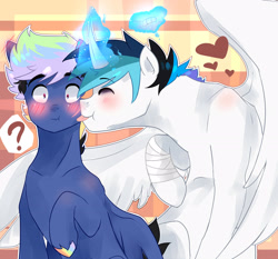 Size: 2535x2366 | Tagged: safe, artist:kraytt-05, imported from derpibooru, oc, oc only, oc:rainbow thunder, oc:zero fire, alicorn, pegasus, pony, alicorn oc, bandaid, blushing, gay, heart, high res, horn, licking, male, multicolored hair, multicolored hooves, oc x oc, offspring, offspring shipping, parent:princess cadance, parent:rainbow dash, parent:shining armor, parent:soarin', parents:shiningcadance, parents:soarindash, plaid background, question mark, rainbow hair, shipping, stallion, tongue out, wings