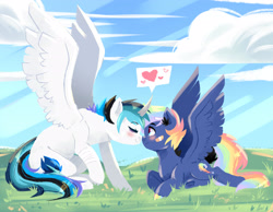 Size: 2777x2160 | Tagged: safe, artist:kraytt-05, imported from derpibooru, oc, oc:rainbow thunder, oc:zero fire, alicorn, pegasus, alicorn oc, bandaid, blushing, boop, gay, heart, high res, horn, lying down, male, multicolored hair, multicolored hooves, noseboop, oc x oc, offspring, offspring shipping, parent:rainbow dash, parent:soarin', parents:soarindash, prone, rainbow hair, shipping, spread wings, wings