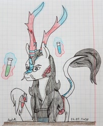 Size: 2730x3366 | Tagged: safe, artist:agdapl, imported from derpibooru, kirin, bust, crossover, glasses, glowing horn, graph paper, high res, hoof fluff, horn, kirin-ified, leonine tail, magic, male, medic, potion, signature, smiling, solo, species swap, team fortress 2, telekinesis, traditional art, vial