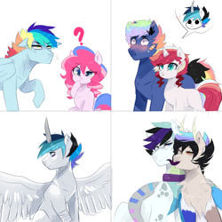 Size: 2000x2000 | Tagged: safe, artist:kraytt-05, imported from derpibooru, oc, oc only, oc:blaze warm, oc:bubble gum, oc:chaos solar, oc:intimidating fang, oc:philadelfia, oc:rainbow thunder, oc:zero fire, alicorn, dracony, dragon, earth pony, hybrid, pegasus, pony, unicorn, alicorn oc, bandaid, blushing, cross-popping veins, female, high res, horn, interspecies offspring, licking, long tongue, male, mare, offspring, parent:discord, parent:double diamond, parent:pinkie pie, parent:pokey pierce, parent:princess cadance, parent:princess celestia, parent:rainbow dash, parent:rarity, parent:shining armor, parent:soarin', parent:spike, parent:sunset shimmer, parents:dislestia, parents:doublesunset, parents:pokeypie, parents:shiningcadance, parents:soarindash, parents:sparity, simple background, stallion, tongue out, wavy mouth, white background, wings