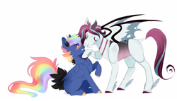 Size: 3239x1851 | Tagged: safe, artist:kraytt-05, imported from derpibooru, oc, oc only, oc:hunting love, oc:rainbow thunder, changepony, hybrid, pegasus, pony, blushing, duo, interspecies offspring, magical lesbian spawn, male, multicolored hair, multicolored hooves, offspring, parent:princess cadance, parent:queen chrysalis, parent:rainbow dash, parent:soarin', parents:cadalis, parents:soarindash, rainbow hair, simple background, stallion, white background