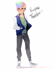 Size: 2100x2700 | Tagged: safe, artist:kraytt-05, imported from derpibooru, oc, oc only, oc:rainbow thunder, human, high res, humanized, letterman jacket, male, multicolored hair, offspring, parent:rainbow dash, parent:soarin', parents:soarindash, rainbow hair, simple background, varsity jacket, white background