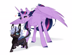 Size: 2763x2171 | Tagged: safe, artist:kraytt-05, imported from derpibooru, twilight sparkle, oc, oc:nacht, alicorn, changeling, changepony, hybrid, pony, duo, female, heterochromia, high res, interspecies offspring, male, mare, mother and child, mother and son, offspring, parent:queen chrysalis, parent:twilight sparkle, parents:twisalis, twilight sparkle (alicorn)