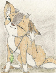 Size: 1722x2238 | Tagged: safe, artist:cindertale, imported from derpibooru, oc, oc only, oc:cinder, oc:tyandaga, deer, pony, reindeer, antlers, frog (hoof), jewelry, male, necklace, one eye closed, solo, traditional art, underhoof, wink