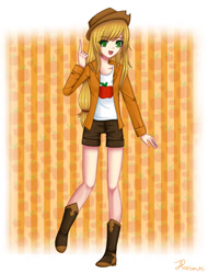 Size: 800x1052 | Tagged: safe, artist:haseshi, imported from derpibooru, applejack, human, anime, boots, clothes, happy, human coloration, humanized, open mouth, shirt, shoes, shorts, solo