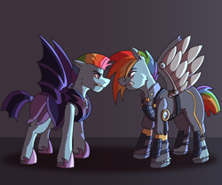 Size: 3000x2500 | Tagged: safe, artist:applejackofalltrades, imported from derpibooru, rainbow dash, pegasus, pony, the cutie re-mark, alternate hairstyle, alternate timeline, apocalypse dash, crystal war timeline, duality, gritted teeth, high res, looking at each other, night guard, night guard dash, nightmare takeover timeline, scowl, self ponidox, simple background, standoff, torn ear