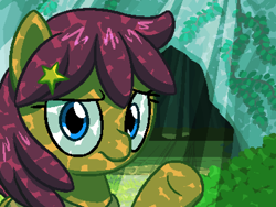 Size: 800x600 | Tagged: safe, artist:rangelost, imported from derpibooru, oc, oc only, oc:trailblazer, earth pony, pony, cyoa:d20 pony, bush, cave, female, grass, hairpin, looking at you, mare, outdoors, pixel art, solo, underhoof