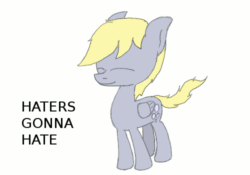 Size: 500x350 | Tagged: safe, imported from derpibooru, derpy hooves, pegasus, pony, animated, bouncing, cute, derpabetes, female, gif, haters gonna hate, mare, meme, prancing, smiling, text