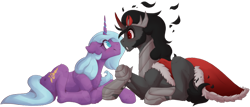 Size: 1024x439 | Tagged: safe, artist:spectrasus, idw, imported from derpibooru, king sombra, radiant hope, pony, umbrum, unicorn, fangs, female, gorget, hopebra, jewelry, looking at each other, male, mare, regalia, shipping, simple background, stallion, straight, transparent background