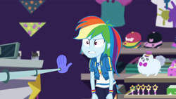 Size: 3410x1920 | Tagged: safe, imported from derpibooru, screencap, rainbow dash, equestria girls, equestria girls series, holidays unwrapped, spoiler:eqg series (season 2), angry, clothes, cutie mark, cutie mark on clothes, dashing through the mall, female, geode of super speed, hoodie, jewelry, magical geodes, necklace, ragebow dash, solo