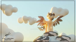 Size: 1192x670 | Tagged: safe, artist:irshadhazmi, imported from derpibooru, oc, oc only, oc:hearty felt, pegasus, pony, 3d, blender, cloud, looking back, mountain, signature, sky, solo, spread wings, wings