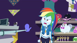 Size: 3410x1920 | Tagged: safe, imported from derpibooru, screencap, rainbow dash, equestria girls, equestria girls series, holidays unwrapped, spoiler:eqg series (season 2), angry, clothes, cutie mark, cutie mark on clothes, dashing through the mall, female, geode of super speed, hoodie, jewelry, magical geodes, necklace, open mouth, ragebow dash, solo