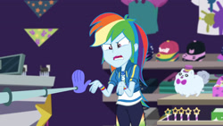 Size: 3410x1920 | Tagged: safe, imported from derpibooru, screencap, rainbow dash, equestria girls, equestria girls series, holidays unwrapped, spoiler:eqg series (season 2), angry, clothes, cutie mark, cutie mark on clothes, dashing through the mall, female, geode of super speed, hoodie, jewelry, magical geodes, necklace, open mouth, ragebow dash, solo