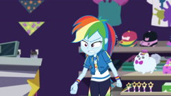 Size: 3410x1920 | Tagged: safe, imported from derpibooru, screencap, rainbow dash, equestria girls, equestria girls series, holidays unwrapped, spoiler:eqg series (season 2), angry, clothes, cutie mark, cutie mark on clothes, dashing through the mall, female, geode of super speed, hoodie, jewelry, magical geodes, necklace, ragebow dash, solo