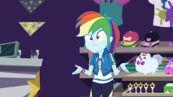 Size: 3410x1920 | Tagged: safe, imported from derpibooru, screencap, rainbow dash, equestria girls, equestria girls series, holidays unwrapped, spoiler:eqg series (season 2), clothes, cutie mark, cutie mark on clothes, dashing through the mall, female, geode of super speed, hoodie, jewelry, magical geodes, necklace, solo