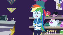 Size: 3410x1920 | Tagged: safe, imported from derpibooru, screencap, rainbow dash, equestria girls, equestria girls series, holidays unwrapped, spoiler:eqg series (season 2), angry, clothes, crossed arms, cutie mark, cutie mark on clothes, dashing through the mall, faic, female, geode of super speed, hoodie, jewelry, magical geodes, necklace, open mouth, ragebow dash, rainbow dash is best facemaker, shrunken pupils, solo