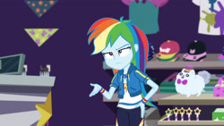 Size: 3410x1920 | Tagged: safe, imported from derpibooru, screencap, rainbow dash, equestria girls, equestria girls series, holidays unwrapped, spoiler:eqg series (season 2), clothes, cutie mark, cutie mark on clothes, dashing through the mall, female, geode of super speed, hand on hip, hoodie, jewelry, magical geodes, necklace, rainbow dash is not amused, solo, unamused