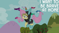 Size: 1280x720 | Tagged: safe, edit, edited screencap, editor:quoterific, imported from derpibooru, screencap, fluttershy, bird, pegasus, pony, magic duel, season 3, apple, apple tree, bunny ears, clothes, cloud, costume, dangerous mission outfit, female, flying, food, goggles, hoodie, mare, scared, tree