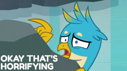 Size: 1280x720 | Tagged: safe, edit, edited screencap, editor:quoterific, imported from derpibooru, screencap, gallus, griffon, season 8, what lies beneath, spoiler:s08, male, open mouth, reaction image, scared, shrunken pupils, solo, wide eyes