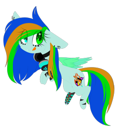 Size: 2376x2517 | Tagged: safe, artist:mediasmile666, imported from derpibooru, oc, oc only, pegasus, pony, ear piercing, earring, fangs, female, floppy ears, flying, headphones, heterochromia, high res, jewelry, licking, licking lips, mare, piercing, simple background, solo, tongue out, transparent background