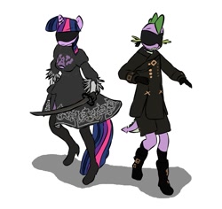 Size: 975x922 | Tagged: safe, anonymous artist, derpibooru exclusive, imported from derpibooru, spike, twilight sparkle, anthro, dragon, pony, 2b, 9s, blindfold, breasts, clothes, cosplay, costume, crossover, duo, female, katana, male, mare, nier: automata, pants, shipping, skirt, straight, sword, twispike, weapon