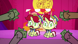 Size: 1920x1080 | Tagged: safe, imported from derpibooru, screencap, flam, flim, pony, unicorn, lolly-pop, my little pony: pony life, spoiler:pony life s02e19, dollar sign, flim flam brothers, g4.5, male, money, pony life, sitting, stallion, wingding eyes