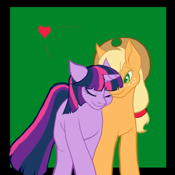 Size: 1341x1341 | Tagged: safe, artist:da_space_kase, artist:katsaka, artist:spacekase, imported from derpibooru, applejack, twilight sparkle, alicorn, earth pony, pony, unicorn, female, heart, lesbian, mare, nuzzling, shipping, twijack, twilight sparkle (alicorn), wingless