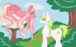 Size: 1280x800 | Tagged: safe, artist:citrusskittles, imported from derpibooru, oc, oc only, oc:anthea, oc:royal empire, pegasus, pony, unicorn, adopted offspring, cloud, duo, female, interdimensional siblings, looking at each other, lying down, lying on a cloud, mare, offspring, on a cloud, parent:big macintosh, parent:fluttershy, parents:fluttermac