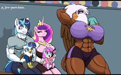 Size: 2484x1532 | Tagged: safe, artist:droll3, imported from derpibooru, gilda, princess cadance, princess flurry heart, shining armor, oc, alicorn, anthro, griffon, hippogriff, hybrid, unicorn, abs, adonis belt, armpits, bench, biceps, big breasts, bisexual, blushing, breasts, buff breasts, busty gilda, busty princess cadance, cleavage, clothes, compression shorts, crown, embarrassed, equestria games, father and child, father and daughter, father and son, female, gildarmor, gildarmordance, half-siblings, huge breasts, interspecies offspring, jewelry, lady pecs, lesbian, looking at each other, male, milf, mother and child, mother and daughter, mother and son, muscles, muscular female, muscular male, offspring, ot3, parent:gilda, parent:princess cadance, parent:shining armor, parents:gildarmor, pecs, polyamory, ponygriff, quadriceps, regalia, rippda, shiningcadance, shipping, sitting, smug, smugdance, sports bra, sports panties, straight, stupid sexy gilda, thighs, thunder thighs, towel, workout outfit