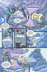 Size: 1280x1979 | Tagged: safe, artist:lytlethelemur, imported from derpibooru, oc, oc only, oc:gimbal lock, pegasus, pony, comic:rally point returns, cloud, cloudsdale, comic, dialogue, exhausted, female, grinder, hail, hoof hold, mare, onomatopoeia, sky, smiling, sound effects, spread wings, tongue out, weather factory, weather factory uniform, wings