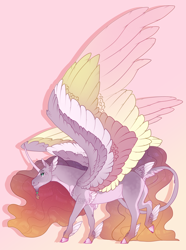 Size: 2232x3004 | Tagged: safe, artist:seffiron, imported from derpibooru, oc, oc only, oc:sunset serenade, alicorn, pony, ambiguous gender, beard, cloven hooves, colored wings, curved horn, facial hair, feathered fetlocks, female, high res, horn, large wings, leonine tail, looking at you, magical lesbian spawn, mare, multicolored wings, offspring, pale belly, parent:fluttershy, parent:twilight sparkle, parents:twishy, raised hoof, simple background, solo, spread wings, tail feathers, wings