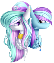 Size: 2263x2651 | Tagged: safe, artist:mediasmile666, imported from derpibooru, oc, oc only, pony, bust, chest fluff, choker, duo, ear piercing, earring, female, high res, jewelry, mare, pendant, piercing, simple background, starry eyes, transparent background, wingding eyes