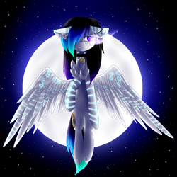 Size: 2449x2449 | Tagged: safe, artist:mediasmile666, imported from derpibooru, oc, oc only, pegasus, pony, coat markings, female, floppy ears, flying, full moon, high res, mare, moon, night, night sky, sky, spread wings, wings