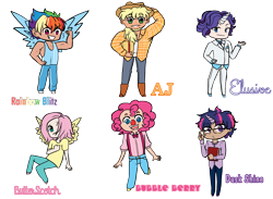 Size: 2500x1828 | Tagged: safe, artist:squeezemelittle, imported from derpibooru, applejack, fluttershy, pinkie pie, rainbow dash, rarity, twilight sparkle, human, applejack (male), bubble berry, butterscotch, clown nose, dark skin, dusk shine, elusive, horn, horned humanization, humanized, mane six, rainbow blitz, red nose, rule 63, winged humanization, wings