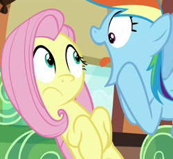 Size: 775x713 | Tagged: safe, imported from derpibooru, screencap, fluttershy, rainbow dash, pegasus, pony, buckball season, season 6, cropped, duo, female, frown, great moments in animation, hooves on cheeks, mare, open mouth, out of context, rainbow dash is best facemaker, wat