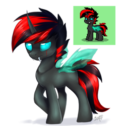 Size: 2764x2809 | Tagged: safe, artist:megabait, imported from derpibooru, oc, oc only, changeling, pony, pony town, high res, red and black oc, scarface, striped hair, wings