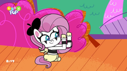 Size: 1024x576 | Tagged: safe, imported from derpibooru, screencap, fluttershy, pegasus, pony, my little pony: pony life, spoiler:pony life s02e21, female, fluttermime, g4.5, hat, mare, mime, playwright or wrong, pony life, smiling, tiny pop