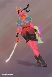 Size: 2372x3500 | Tagged: safe, artist:mazinga669, imported from derpibooru, oc, oc only, oc:starbrighté, anthro, unicorn, anthro oc, bandana, belt, boots, bracer, clothes, cutlass, high res, pirate, shirt, shoes, shorts, skull and crossbones, smiling, smirk, solo, sword, weapon
