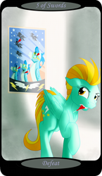 Size: 1500x2591 | Tagged: safe, artist:sixes&sevens, imported from derpibooru, lightning dust, pegasus, pony, cloud house, dartboard of hate, darts, female, five of swords, looking back, mare, minor arcana, mouth hold, solo, tarot card, wonderbolts poster