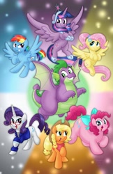 Size: 2650x4096 | Tagged: safe, alternate version, artist:aleximusprime, imported from derpibooru, applejack, fluttershy, pinkie pie, rainbow dash, rarity, spike, twilight sparkle, alicorn, dragon, pony, flurry heart's story, adult, adult spike, alternate hairstyle, anklet, big crown thingy, bow, bracelet, clothes, cowboy hat, different hairstyle, ear piercing, earring, element of magic, fat, fat spike, glasses, hat, high res, jewelry, mane seven, mane six, older, older spike, piercing, plump, ponytail, pudgy pie, regalia, shirt, shorter hair, stetson, tiara, twilight sparkle (alicorn), winged spike, wings, wip