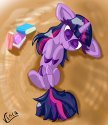 Size: 3169x3664 | Tagged: safe, artist:vinca, imported from derpibooru, twilight sparkle, pony, unicorn, big ears, book, colored pupils, female, high res, lying down, mare, on back, solo, unicorn twilight