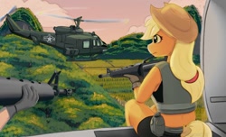 Size: 1150x700 | Tagged: safe, artist:zeroonesunray, imported from derpibooru, applejack, anthro, earth pony, assault rifle, gun, hat, helicopter, m16, rifle, uh-1 iroquois, vietnam war, war, weapon