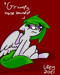 Size: 768x960 | Tagged: safe, artist:ukedideka, imported from derpibooru, oc, oc only, oc:quizzical aphre, pegasus, pony, green hair, grumpy, looking sideways, looking to left, looking to side, pegasus oc, purple eyes, red background, simple background, sitting, solo, spread wings, text, wings