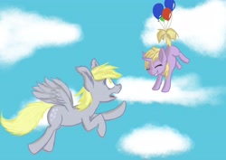 Size: 4096x2896 | Tagged: safe, artist:simplesample, imported from derpibooru, derpy hooves, dinky hooves, pegasus, pony, adult fear, balloon, cloud, female, filly, mare, simple background, solo, uh oh