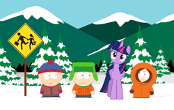 Size: 1354x858 | Tagged: safe, imported from derpibooru, twilight sparkle, alicorn, human, awkward, awkward moment, bus stop, clothes, comedy central, confused, crossover, expression, gloves, head tilt, height difference, kenny mccormick, kyle broflovski, looking at each other, looking at someone, looking at you, mountain, mountain range, road sign, snow, south park, stan marsh, tree, twilight sparkle (alicorn), winter