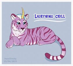 Size: 1200x1074 | Tagged: safe, artist:haretrinity, imported from derpibooru, big cat, tiger, blue background, female, g4.5, horn, lightning chill, lying down, pony life, prone, realistic, simple background, solo